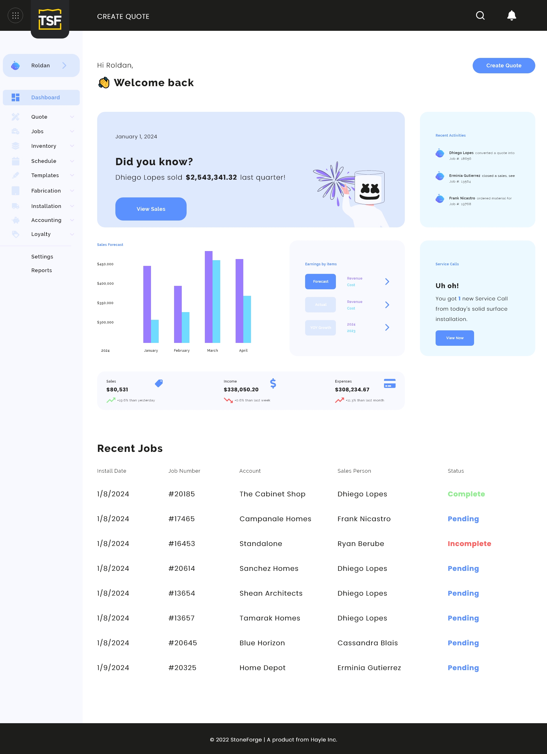 StoneForge administration dashboard with sales, activity, service calls, and recent jobs