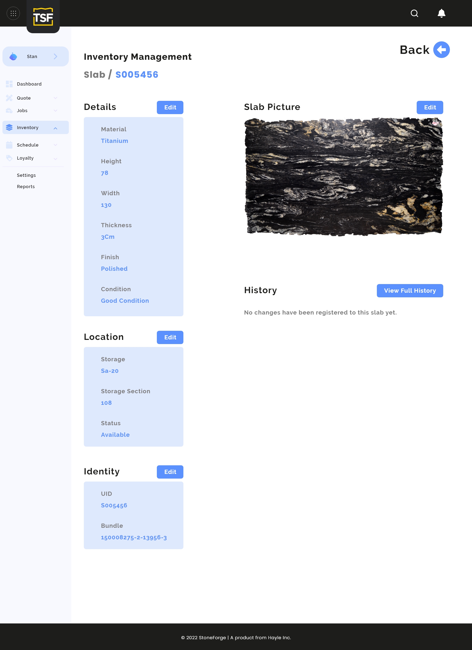 StoneForge slab inventory record with material specifications and photo