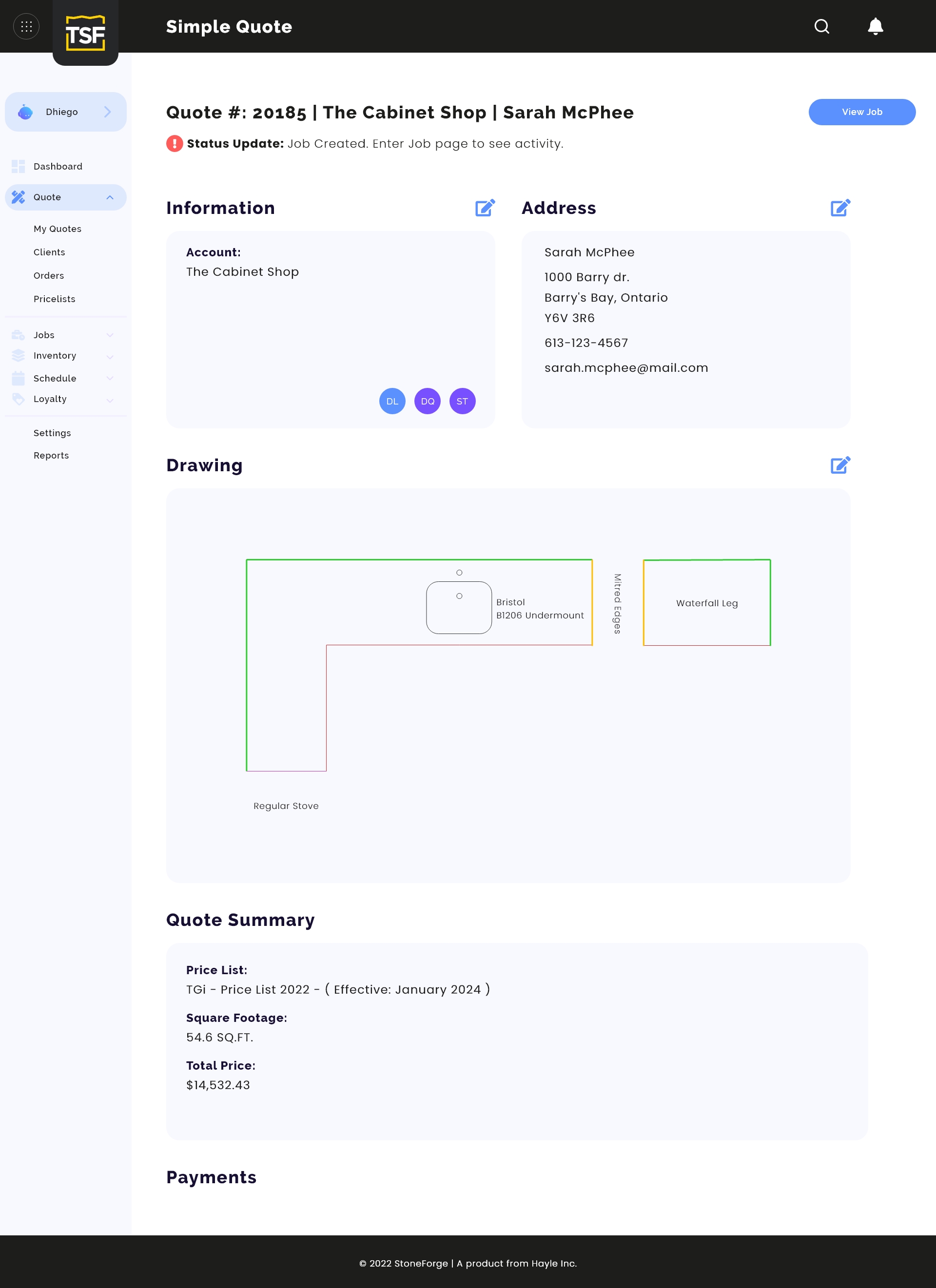 StoneForge quote record with customer information, countertop drawing, and price summary